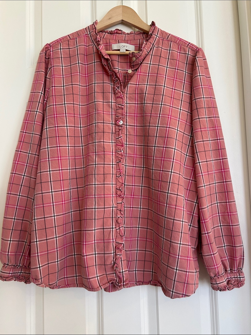 LOFT Pink Plaid Long Sleeve Ruffle Trim Button Front Blouse Top Shirt Size XL
